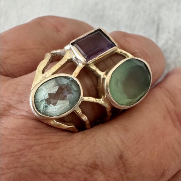 925 Sterling Silver Lacy Bezel Ring 3 Gemstones Purple, Blue & Aqua India Sz.7 - Picture 13 of 16